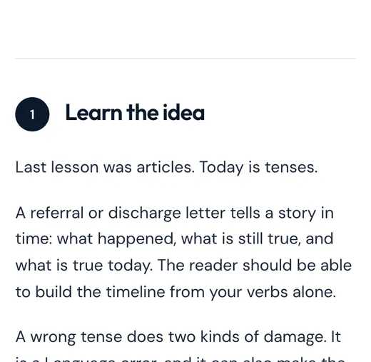 A grammar lesson on tenses, open on a phone