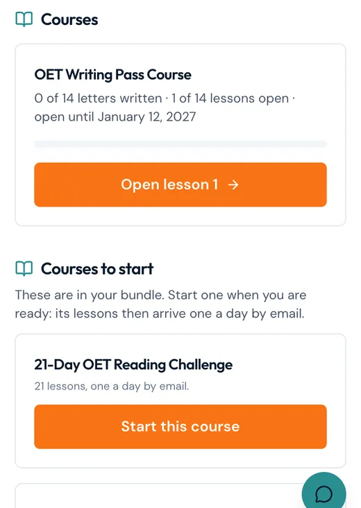 The student page on a phone, listing the courses