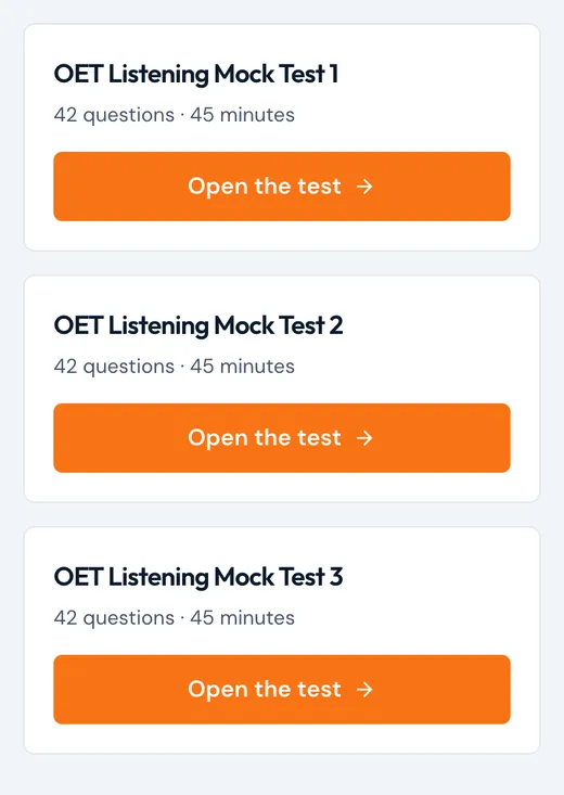 Three OET listening mock tests ready to open on a phone
