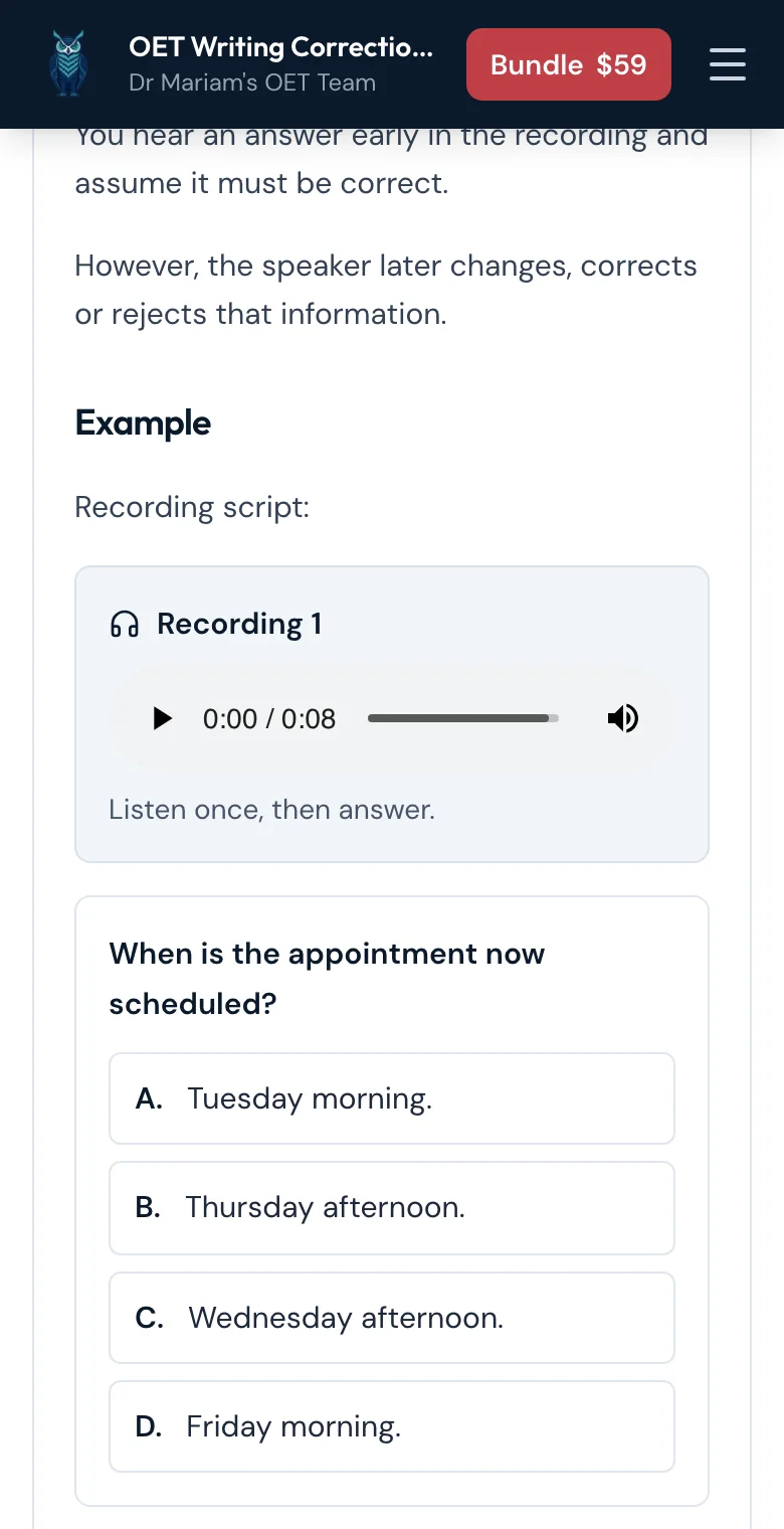Day 5 of the course on a phone: Recording 1 with a player, then the question 'When is the appointment now scheduled?' with four answers
