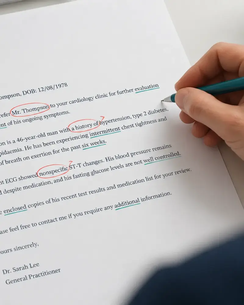 A real OET referral letter corrected with line-by-line annotations