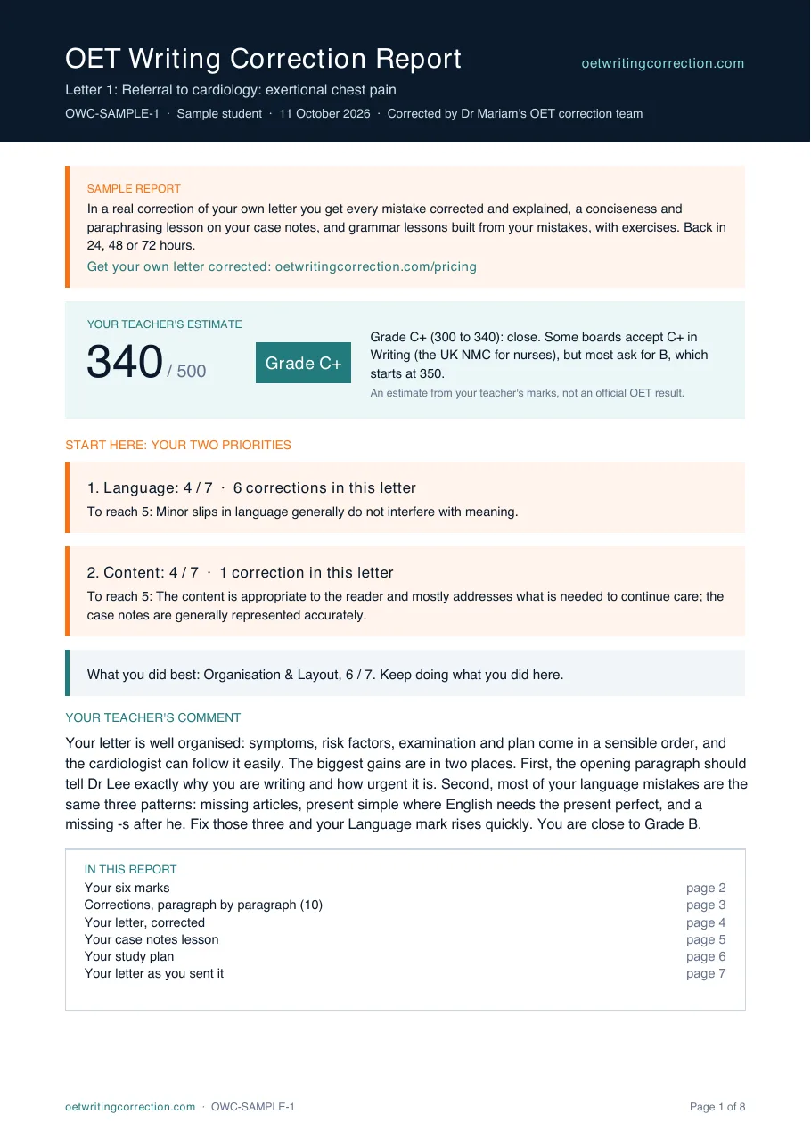 Page 1 of the sample OET correction report: estimated score 340 out of 500, Grade C+, and the two priorities
