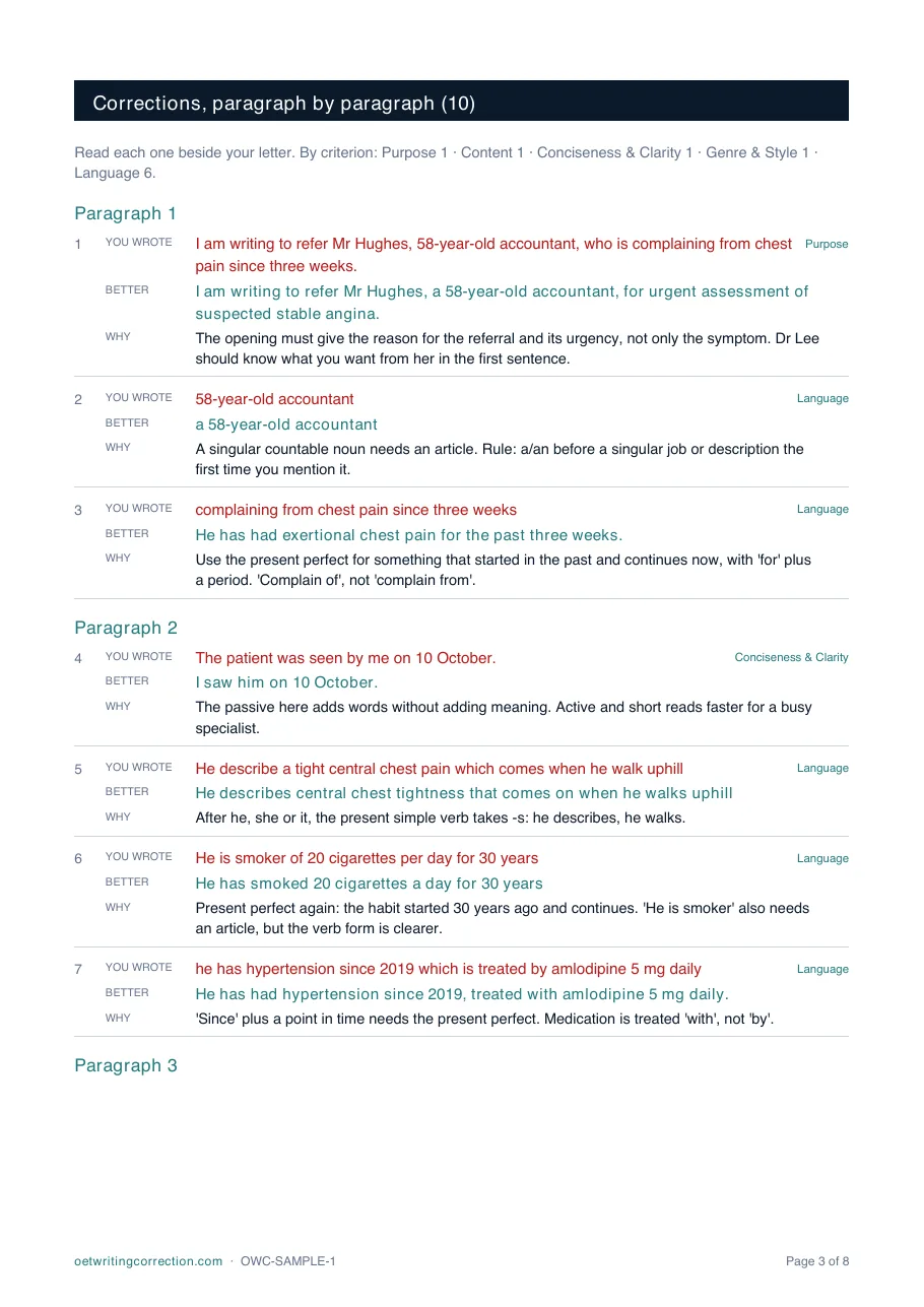 A page of corrections from the sample report: what the student wrote, the better version and why