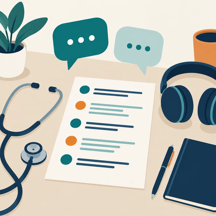 A role-play card on a desk with a stethoscope, headphones and two speech bubbles