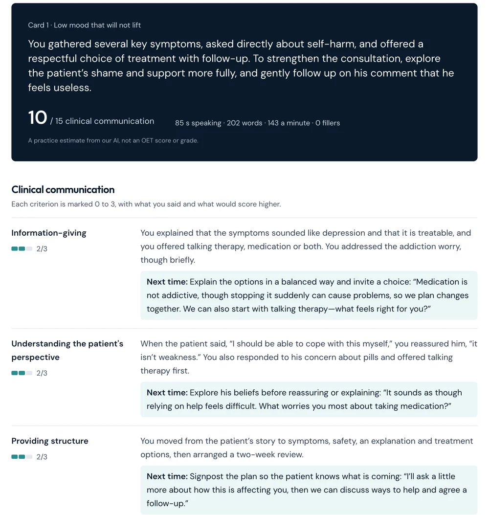 An AI Speaking Practice report: a summary, 10 out of 15 for clinical communication, and marks with quotes and next-time phrases for each criterion
