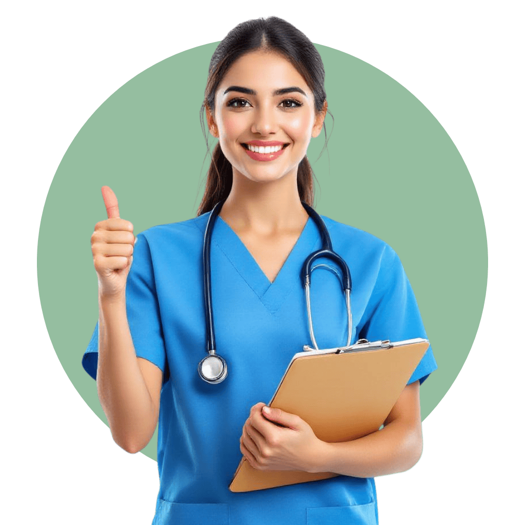 Female medical student giving the thumbs up for OET writing correction service in her medical srubs.