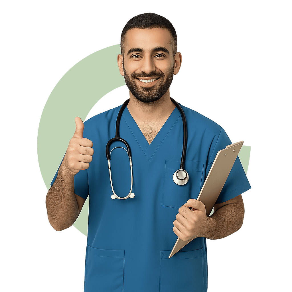 Male medical professional in scrubs giving the thumbs up for OET writing correction.